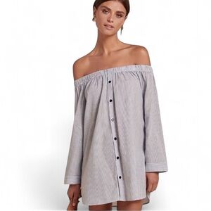 Reformation Banker Off Shoulder Long Sleeved Pinstriped Mini Dress Poplin small